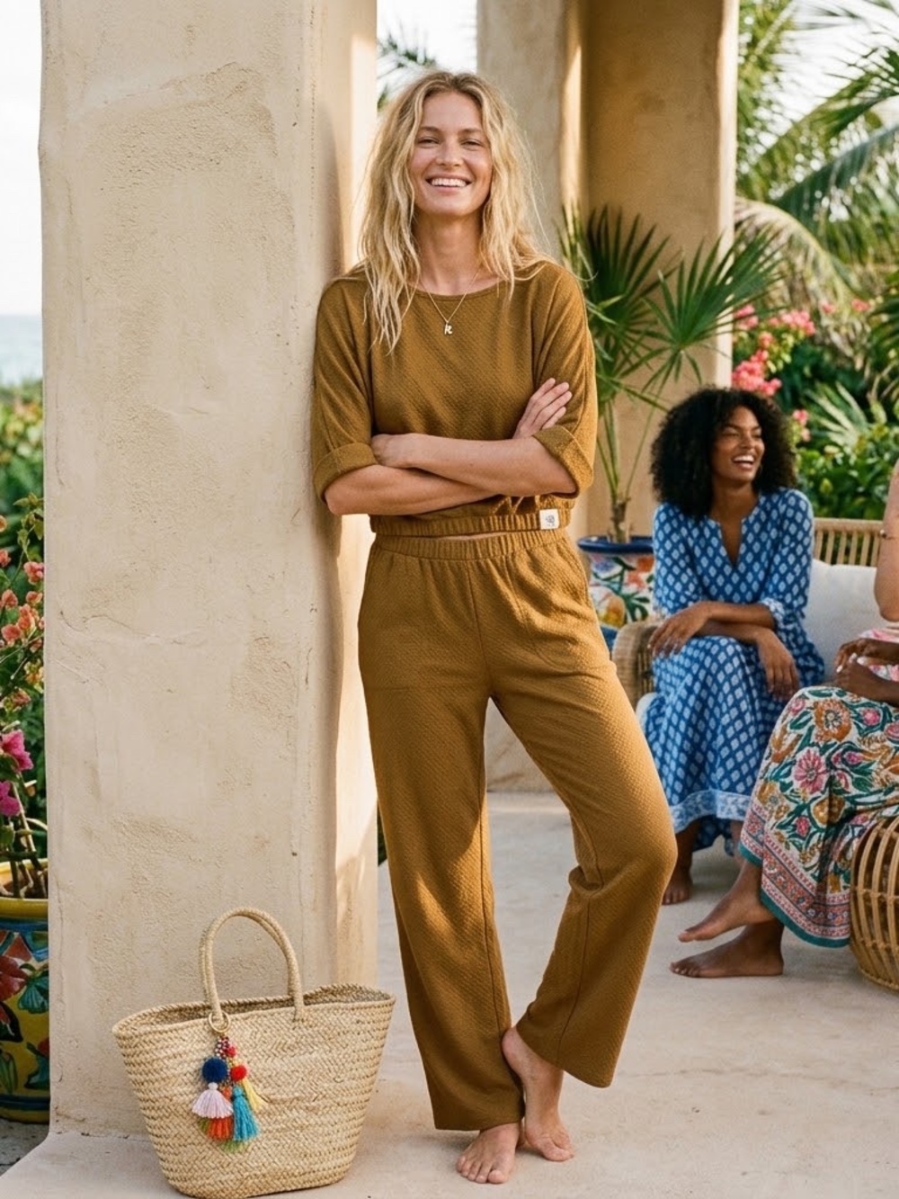 NWT Roller Rabbit Diamond Knit Pant Set Bronze Cognac Top L Bottom M